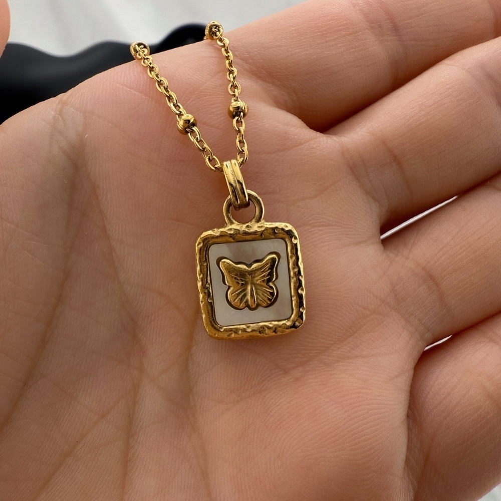 Anthropologie Swell Gold Square Butterfly Pendant Necklace - Picture 2 of 4